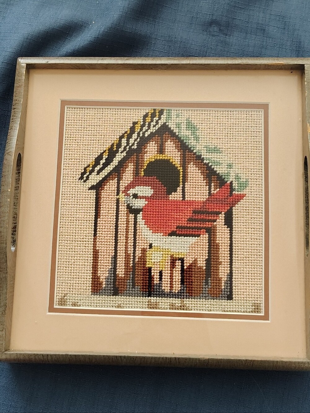Handmade Red Cardinal Cross-Stitch Art in Neutral Frame Table Tray Vintage